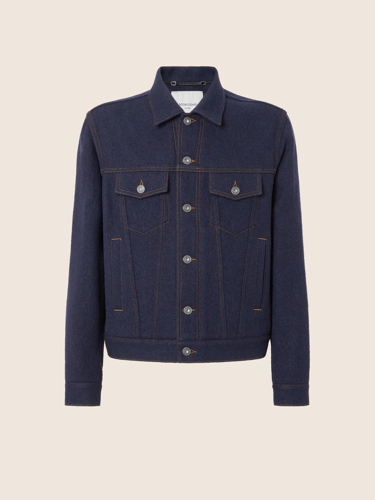 0238437.jpg Navy Blue Wool Cloth Trucker Jacket - Image 1